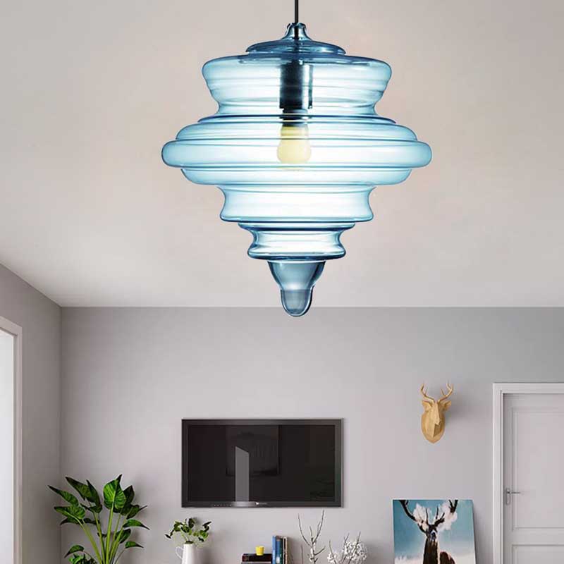 Contemporary Spool/Bell Pendant Light Clear/Blue Ruffle Glass 1 Light Bedroom Hanging Ceiling Light Blue A Clearhalo 'Ceiling Lights' 'Glass shade' 'Glass' 'Modern Pendants' 'Modern' 'Pendant Lights' 'Pendants' Lighting' 175168