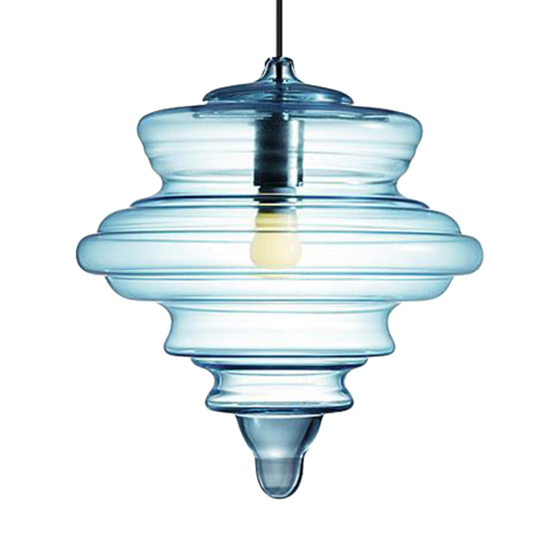 Contemporary Spool/Bell Pendant Light Clear/Blue Ruffle Glass 1 Light Bedroom Hanging Ceiling Light Clearhalo 'Ceiling Lights' 'Glass shade' 'Glass' 'Modern Pendants' 'Modern' 'Pendant Lights' 'Pendants' Lighting' 175169