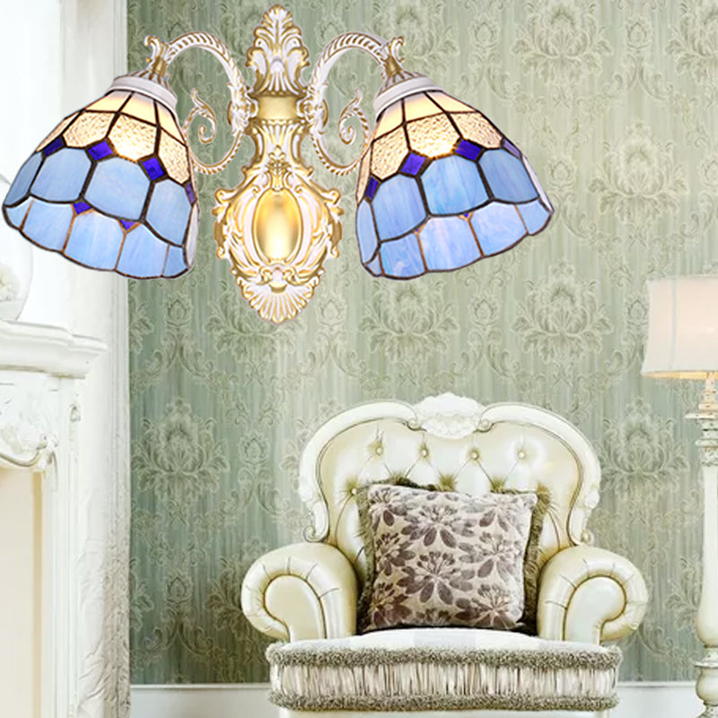 Mediterranean Dome Wall Mount Light Blue Glass Shade 2 Heads Wall Sconce Lighting for Restaurant Blue Clearhalo 'Industrial' 'Middle century wall lights' 'Tiffany wall lights' 'Tiffany' 'Wall Lamps & Sconces' 'Wall Lights' Lighting' 175182