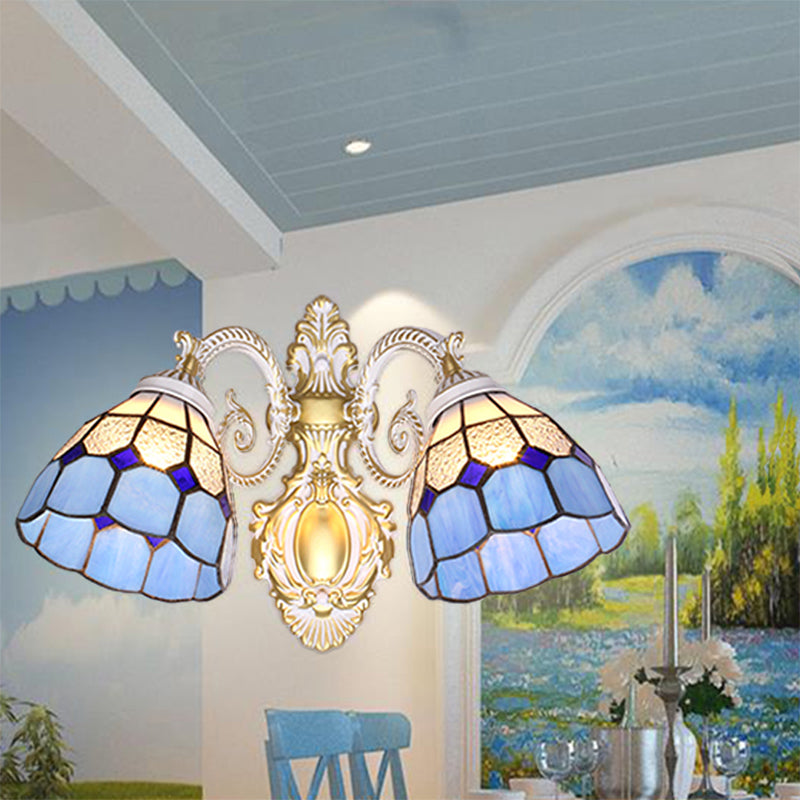 Mediterranean Dome Wall Mount Light Blue Glass Shade 2 Heads Wall Sconce Lighting for Restaurant Clearhalo 'Industrial' 'Middle century wall lights' 'Tiffany wall lights' 'Tiffany' 'Wall Lamps & Sconces' 'Wall Lights' Lighting' 175183