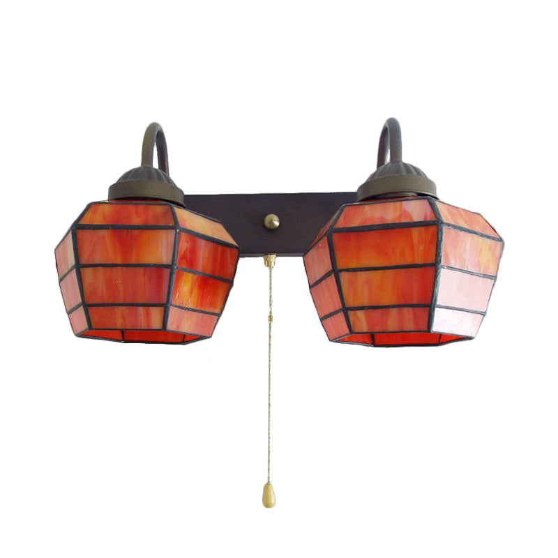 Lantern Wall Light Fixture Tiffany Stained Glass 2 Heads Orange Sconce Light with Pull Chain Clearhalo 'Industrial' 'Middle century wall lights' 'Tiffany wall lights' 'Tiffany' 'Wall Lamps & Sconces' 'Wall Lights' Lighting' 175227