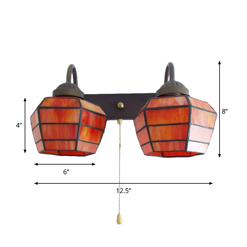 Lantern Wall Light Fixture Tiffany Stained Glass 2 Heads Orange Sconce Light with Pull Chain Clearhalo 'Industrial' 'Middle century wall lights' 'Tiffany wall lights' 'Tiffany' 'Wall Lamps & Sconces' 'Wall Lights' Lighting' 175228