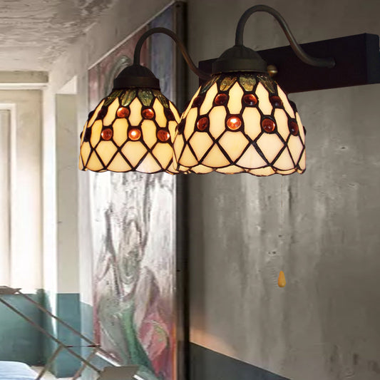 Beige Glass Black Wall Mounted Light Dome 2 Heads Tiffany Sconce Lighting with Pull Chain Beige Clearhalo 'Industrial' 'Middle century wall lights' 'Tiffany wall lights' 'Tiffany' 'Wall Lamps & Sconces' 'Wall Lights' Lighting' 175229