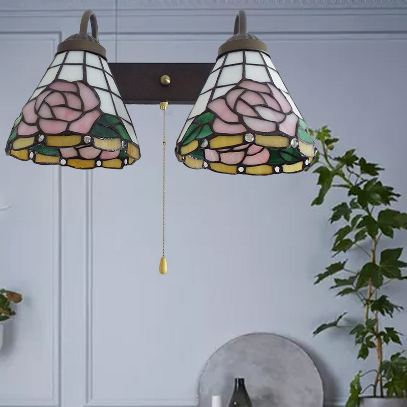 Rose Wall Mounted Light Victorian Stained Glass 2 Heads Pink Sconce Light Fixture with Pull Chain Switch Pink Clearhalo 'Industrial' 'Middle century wall lights' 'Tiffany wall lights' 'Tiffany' 'Wall Lamps & Sconces' 'Wall Lights' Lighting' 175250