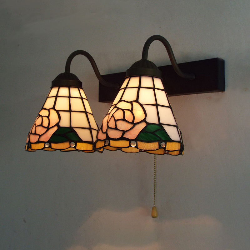 Rose Wall Mounted Light Victorian Stained Glass 2 Heads Pink Sconce Light Fixture with Pull Chain Switch Clearhalo 'Industrial' 'Middle century wall lights' 'Tiffany wall lights' 'Tiffany' 'Wall Lamps & Sconces' 'Wall Lights' Lighting' 175251