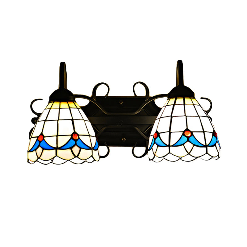 Stained Glass Magnolia Wall Lighting Rustic Retro Style 2 Lights Sconce Lamp in Black for Barhroom Clearhalo 'Industrial' 'Middle century wall lights' 'Tiffany wall lights' 'Tiffany' 'Wall Lamps & Sconces' 'Wall Lights' Lighting' 175312