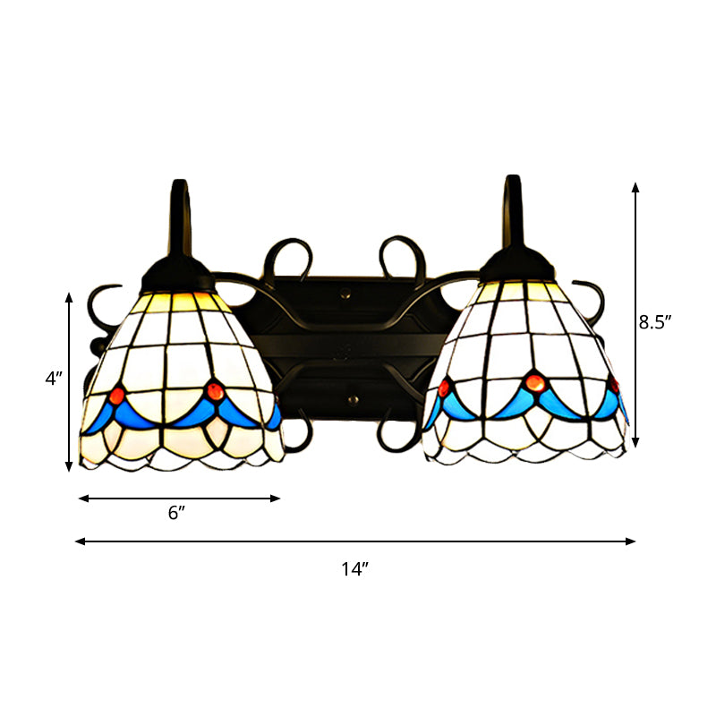 Stained Glass Magnolia Wall Lighting Rustic Retro Style 2 Lights Sconce Lamp in Black for Barhroom Clearhalo 'Industrial' 'Middle century wall lights' 'Tiffany wall lights' 'Tiffany' 'Wall Lamps & Sconces' 'Wall Lights' Lighting' 175313