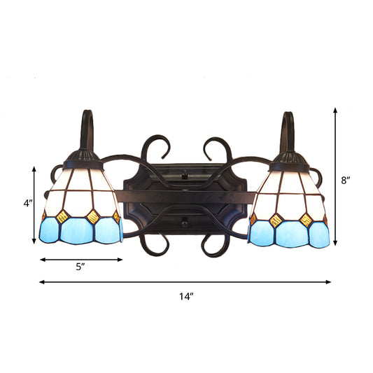 Mediterranean Dome Vanity Lighting Stained Glass 2 Heads Wall Sconce Light for Bathroom Clearhalo 'Industrial' 'Middle century wall lights' 'Tiffany wall lights' 'Tiffany' 'Wall Lamps & Sconces' 'Wall Lights' Lighting' 175334