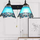 Mediterranean Pyramid Wall Mount Light 2 Heads Blue Glass Sconce Light with Pull Chain Switch Blue Clearhalo 'Industrial' 'Middle century wall lights' 'Tiffany wall lights' 'Tiffany' 'Wall Lamps & Sconces' 'Wall Lights' Lighting' 175353