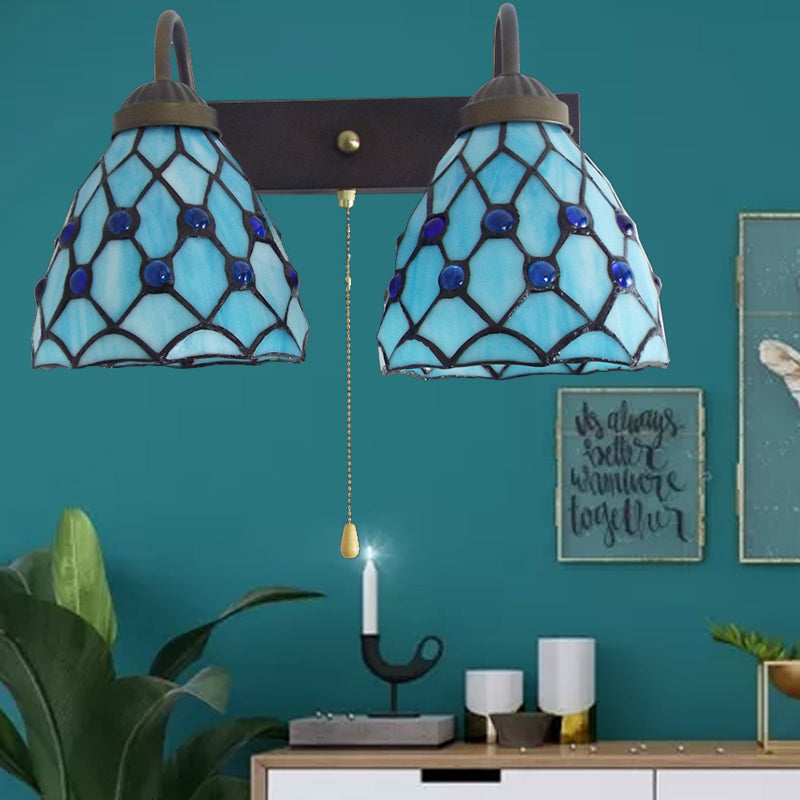Sky Blue Glass Bowl Sconce Light Fixture Mediterranean 1 Head Black Wall Light Fixture with Pull Chain Sky Blue Clearhalo 'Industrial' 'Middle century wall lights' 'Tiffany wall lights' 'Tiffany' 'Wall Lamps & Sconces' 'Wall Lights' Lighting' 175386