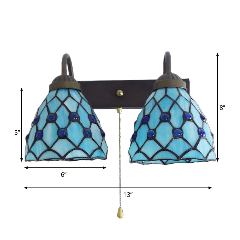 Sky Blue Glass Bowl Sconce Light Fixture Mediterranean 1 Head Black Wall Light Fixture with Pull Chain Clearhalo 'Industrial' 'Middle century wall lights' 'Tiffany wall lights' 'Tiffany' 'Wall Lamps & Sconces' 'Wall Lights' Lighting' 175389