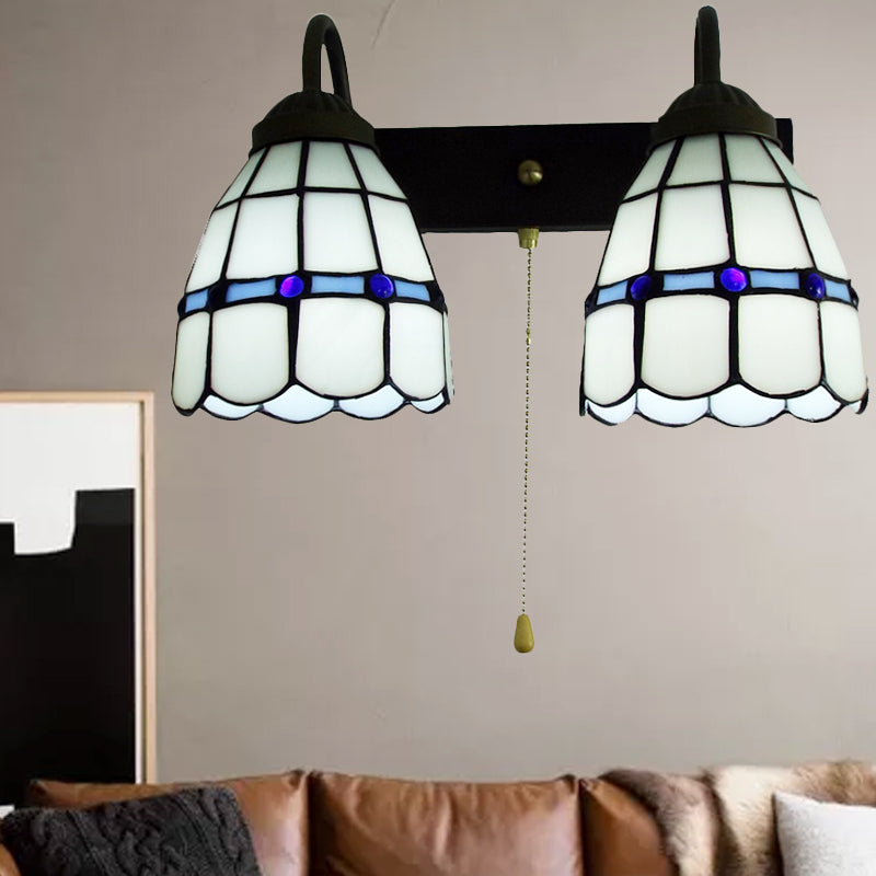 1 Head Sconce Light Tiffany Grid Patterned White Glass Wall Mounted Light with Pull Chain Clearhalo 'Industrial' 'Middle century wall lights' 'Tiffany wall lights' 'Tiffany' 'Wall Lamps & Sconces' 'Wall Lights' Lighting' 175391