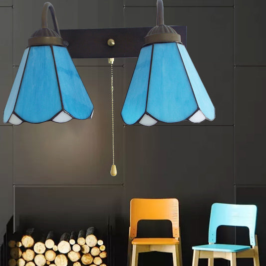 Blue Glass Cone Wall Mounted Light Mediterranean 2 Heads Black Sconce Light Fixture with Pull Chain Switch Blue Clearhalo 'Industrial' 'Middle century wall lights' 'Tiffany wall lights' 'Tiffany' 'Wall Lamps & Sconces' 'Wall Lights' Lighting' 175394