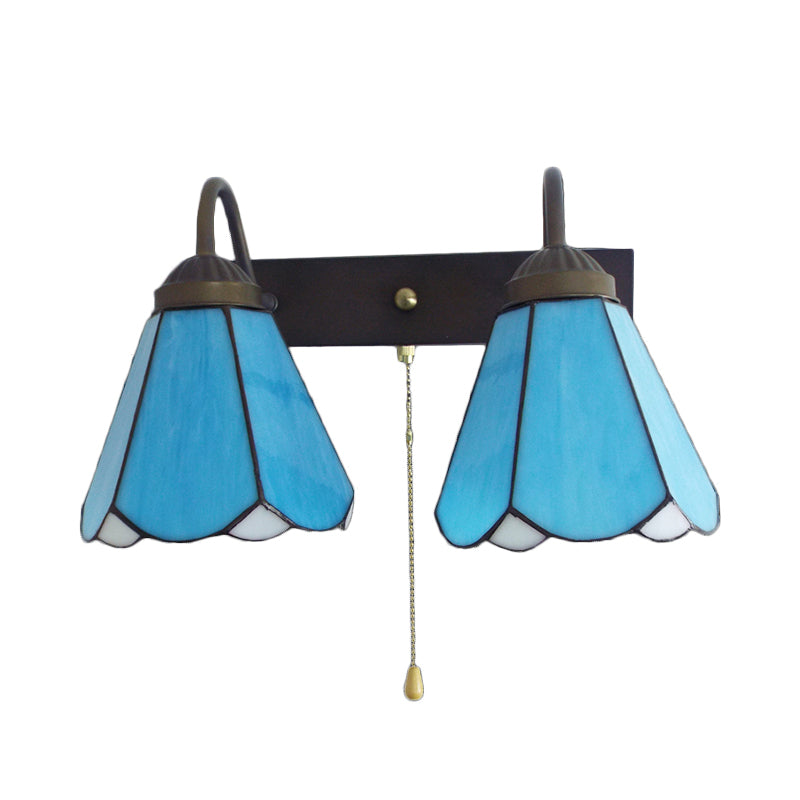 Blue Glass Cone Wall Mounted Light Mediterranean 2 Heads Black Sconce Light Fixture with Pull Chain Switch Clearhalo 'Industrial' 'Middle century wall lights' 'Tiffany wall lights' 'Tiffany' 'Wall Lamps & Sconces' 'Wall Lights' Lighting' 175396