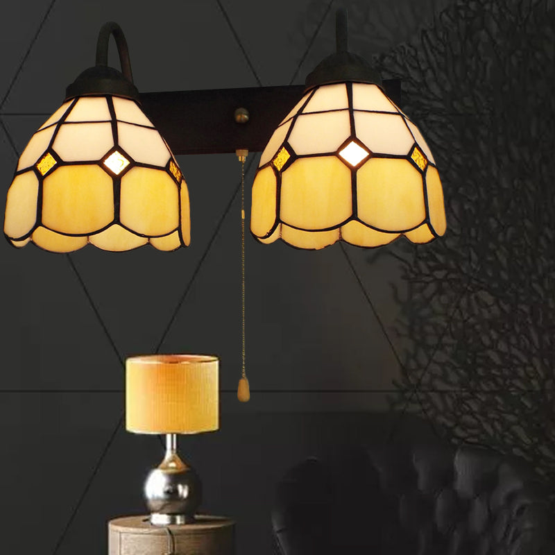 Dome Beige Glass Wall Light Fixture Tiffany 2 Heads Black Sconce Lighting with Pull Chain Switch Beige Clearhalo 'Industrial' 'Middle century wall lights' 'Tiffany wall lights' 'Tiffany' 'Wall Lamps & Sconces' 'Wall Lights' Lighting' 175408