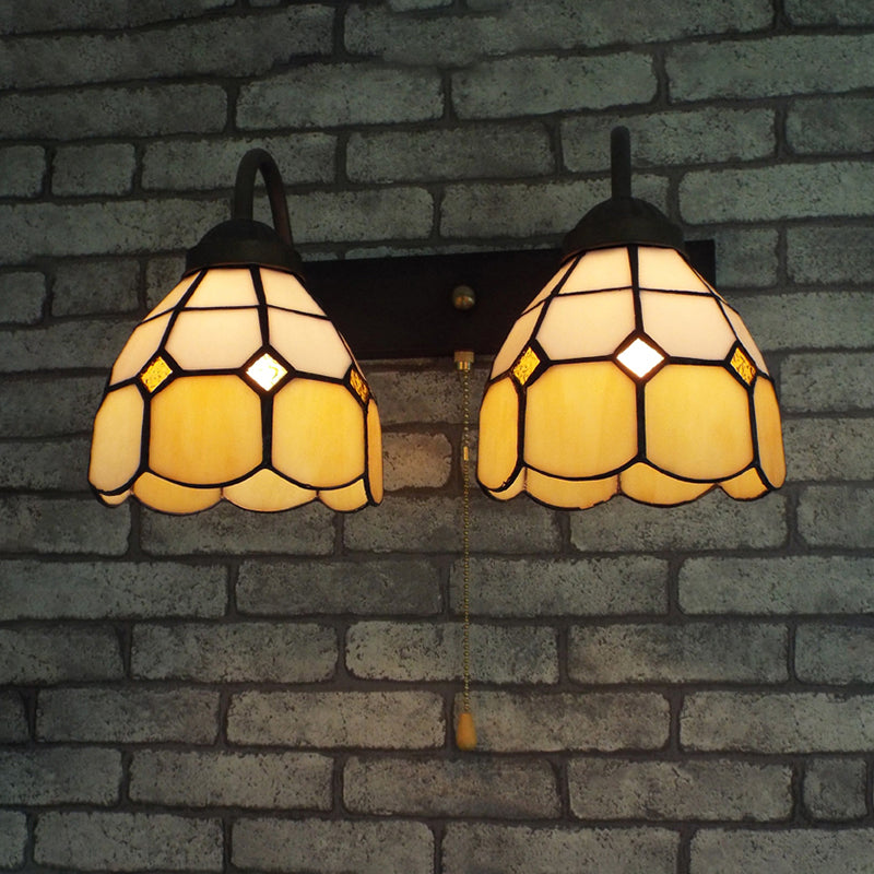 Dome Beige Glass Wall Light Fixture Tiffany 2 Heads Black Sconce Lighting with Pull Chain Switch Clearhalo 'Industrial' 'Middle century wall lights' 'Tiffany wall lights' 'Tiffany' 'Wall Lamps & Sconces' 'Wall Lights' Lighting' 175409