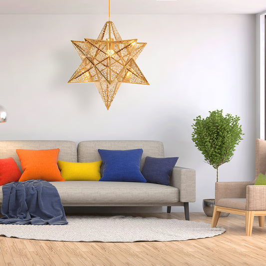 14"/18" Wide Etched Star Pendant Lighting Post-Modern Metal 1 Light Gold Hanging Ceiling Light Clearhalo 'Ceiling Lights' 'Modern Pendants' 'Modern' 'Pendant Lights' 'Pendants' Lighting' 175423