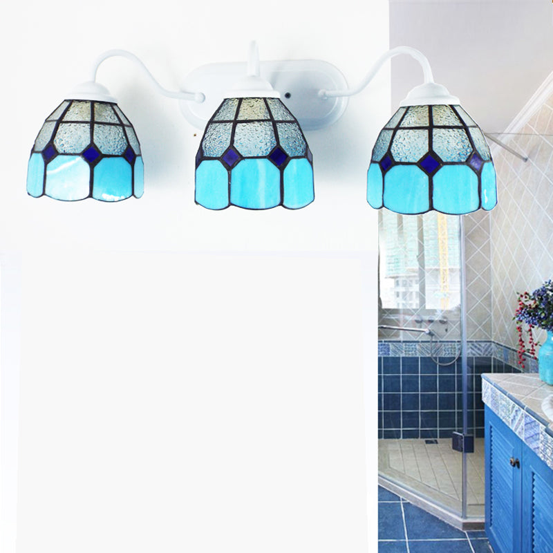 Blue 3 Heads Vanity Light Fixture Tiffany Clear Dimpled Glass Grid Patterned Wall Mount Light Blue Clearhalo 'Industrial' 'Middle century wall lights' 'Tiffany wall lights' 'Tiffany' 'Wall Lamps & Sconces' 'Wall Lights' Lighting' 175447