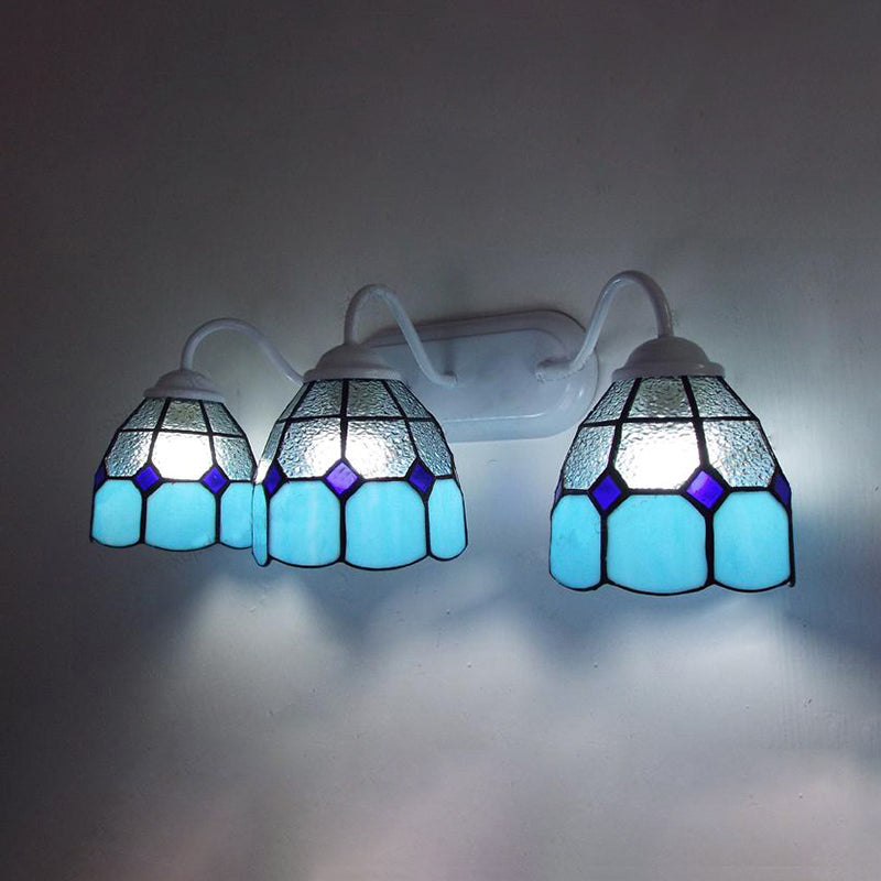 Blue 3 Heads Vanity Light Fixture Tiffany Clear Dimpled Glass Grid Patterned Wall Mount Light Clearhalo 'Industrial' 'Middle century wall lights' 'Tiffany wall lights' 'Tiffany' 'Wall Lamps & Sconces' 'Wall Lights' Lighting' 175448