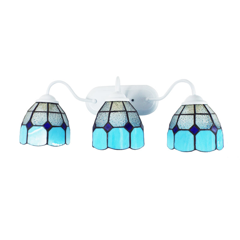 Blue 3 Heads Vanity Light Fixture Tiffany Clear Dimpled Glass Grid Patterned Wall Mount Light Clearhalo 'Industrial' 'Middle century wall lights' 'Tiffany wall lights' 'Tiffany' 'Wall Lamps & Sconces' 'Wall Lights' Lighting' 175449