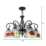 Tiffany Rose Chandelier Light 6 Lights Stained Glass Indoor Pendant Light in Red for Living Room Clearhalo 'Ceiling Lights' 'Chandeliers' 'Industrial' 'Middle Century Chandeliers' 'Tiffany Chandeliers' 'Tiffany close to ceiling' 'Tiffany' Lighting' 175622