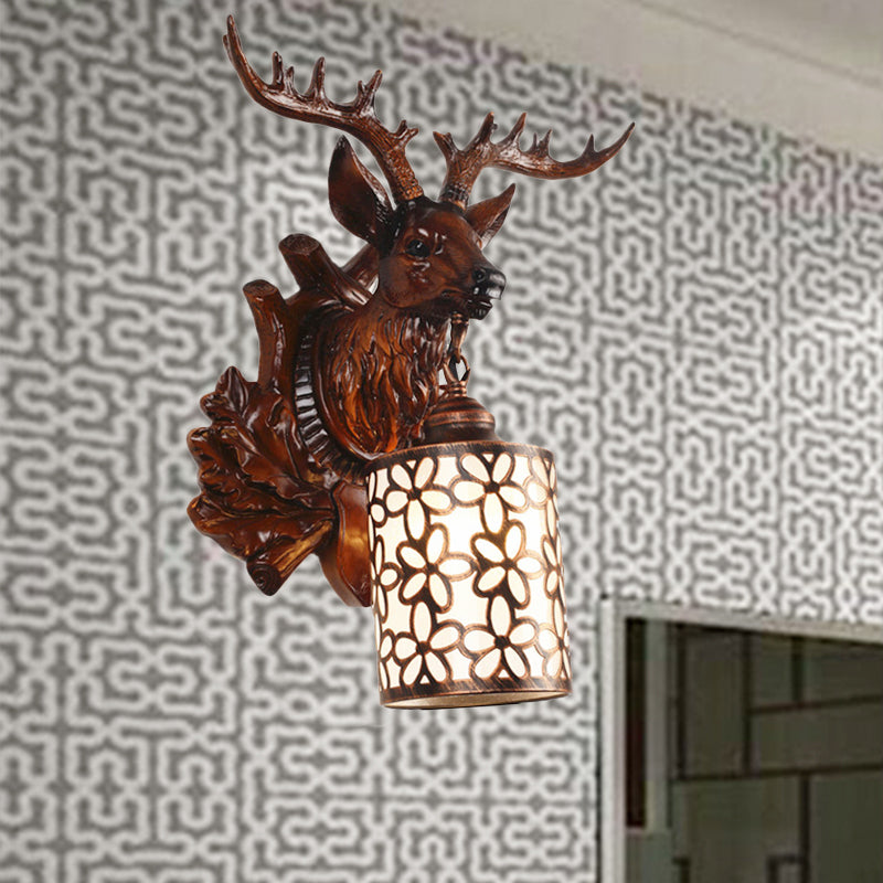 Brown/White 1 Head Wall Lamp Kit Rustic Resin Sika Deer Sconce Lighting with Flower Patterned Cylindrical Glass Shade Brown Clearhalo 'Wall Lamps & Sconces' 'Wall Lights' Lighting' 1756365