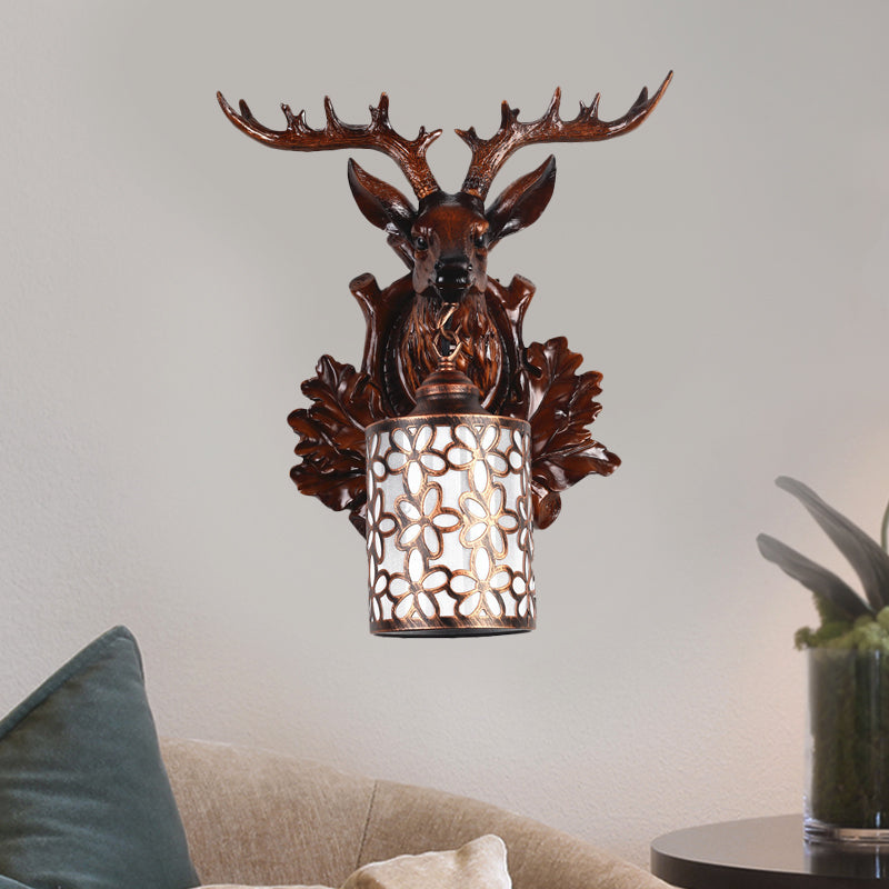 Brown/White 1 Head Wall Lamp Kit Rustic Resin Sika Deer Sconce Lighting with Flower Patterned Cylindrical Glass Shade Clearhalo 'Wall Lamps & Sconces' 'Wall Lights' Lighting' 1756366