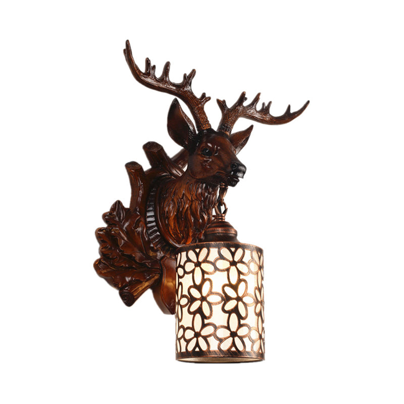 Brown/White 1 Head Wall Lamp Kit Rustic Resin Sika Deer Sconce Lighting with Flower Patterned Cylindrical Glass Shade Clearhalo 'Wall Lamps & Sconces' 'Wall Lights' Lighting' 1756367