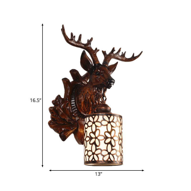 Brown/White 1 Head Wall Lamp Kit Rustic Resin Sika Deer Sconce Lighting with Flower Patterned Cylindrical Glass Shade Clearhalo 'Wall Lamps & Sconces' 'Wall Lights' Lighting' 1756368