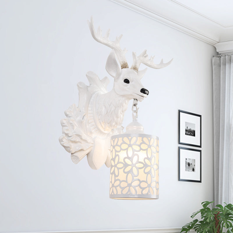 Brown/White 1 Head Wall Lamp Kit Rustic Resin Sika Deer Sconce Lighting with Flower Patterned Cylindrical Glass Shade White Clearhalo 'Wall Lamps & Sconces' 'Wall Lights' Lighting' 1756369