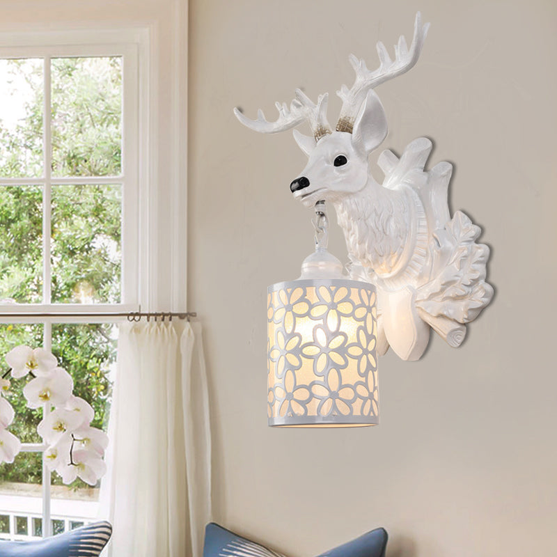 Brown/White 1 Head Wall Lamp Kit Rustic Resin Sika Deer Sconce Lighting with Flower Patterned Cylindrical Glass Shade Clearhalo 'Wall Lamps & Sconces' 'Wall Lights' Lighting' 1756370