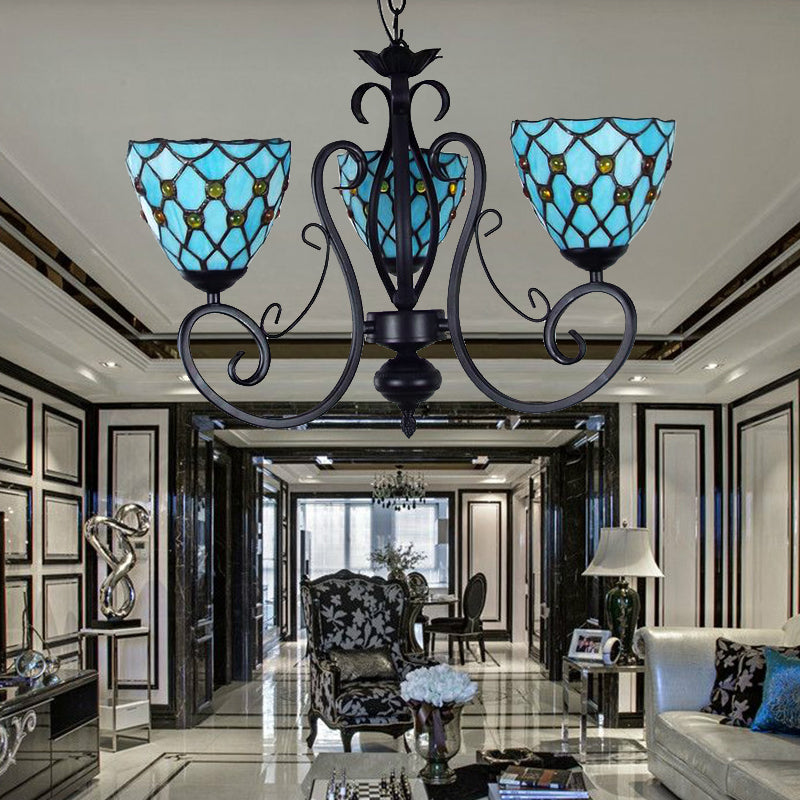 Bead Ceiling Pendant Light with Bowl Shade Blue Glass Traditional Chandelier with Metal Chain Clearhalo 'Ceiling Lights' 'Chandeliers' 'Industrial' 'Middle Century Chandeliers' 'Tiffany Chandeliers' 'Tiffany close to ceiling' 'Tiffany' Lighting' 175764