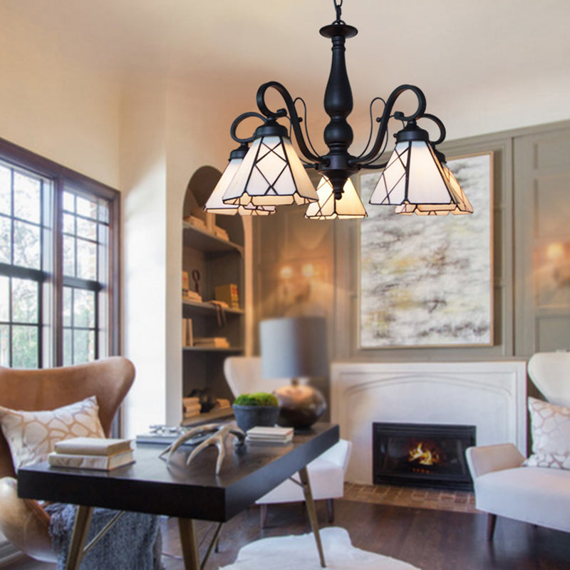 Rustic Cone Ceiling Pendant Light with Gooseneck and Rhombus/Leaf Pattern 5 Lights Stained Glass Chandelier Lighting in Beige Clearhalo 'Ceiling Lights' 'Chandeliers' 'Industrial' 'Middle Century Chandeliers' 'Tiffany Chandeliers' 'Tiffany close to ceiling' 'Tiffany' Lighting' 175778