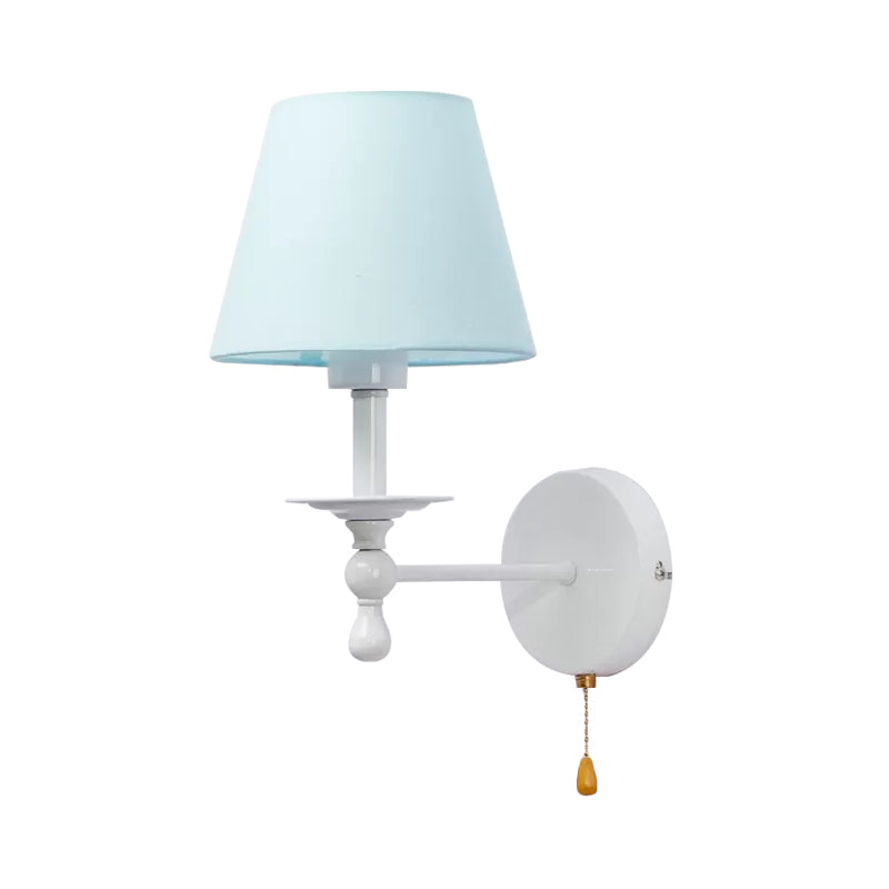 Fabric Tapered Shade Wall Light with Pull Chain Dining Room One Light Modern Sconce Light in Blue Clearhalo 'Wall Lamps & Sconces' 'Wall Lights' Lighting' 175873