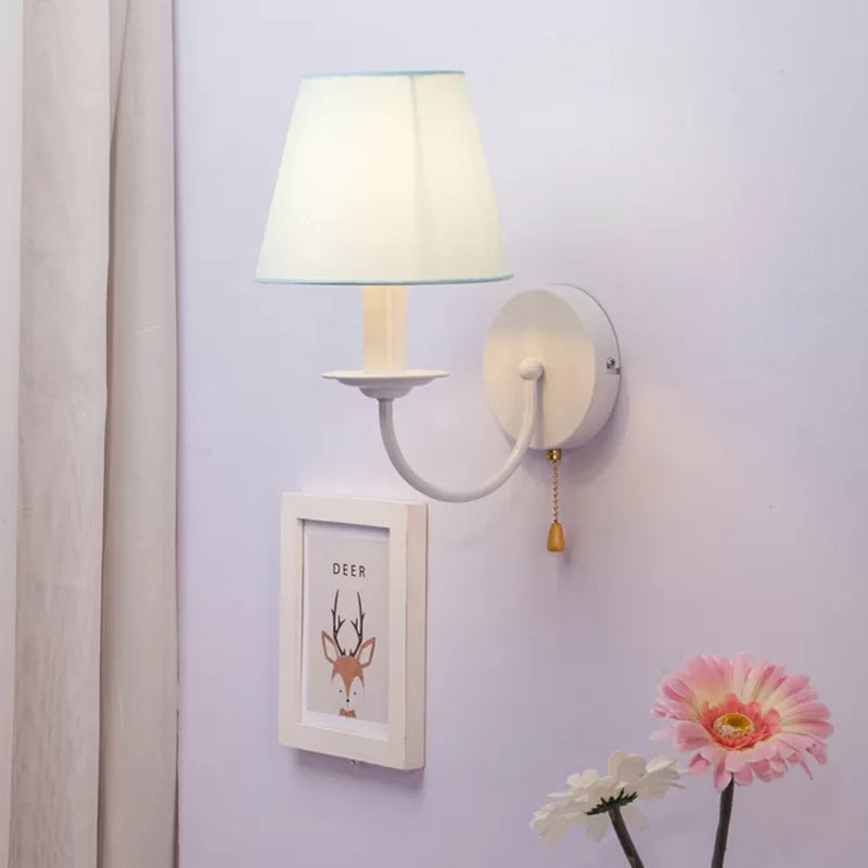 Fabric Tapered Shade Wall Light with Pull Chain Dining Room One Light Modern Sconce Light in Blue Clearhalo 'Wall Lamps & Sconces' 'Wall Lights' Lighting' 175876