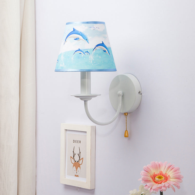 Fabric Tapered Shade Wall Light with Pull Chain Dining Room One Light Modern Sconce Light in Blue Blue Dolphin Clearhalo 'Wall Lamps & Sconces' 'Wall Lights' Lighting' 175879