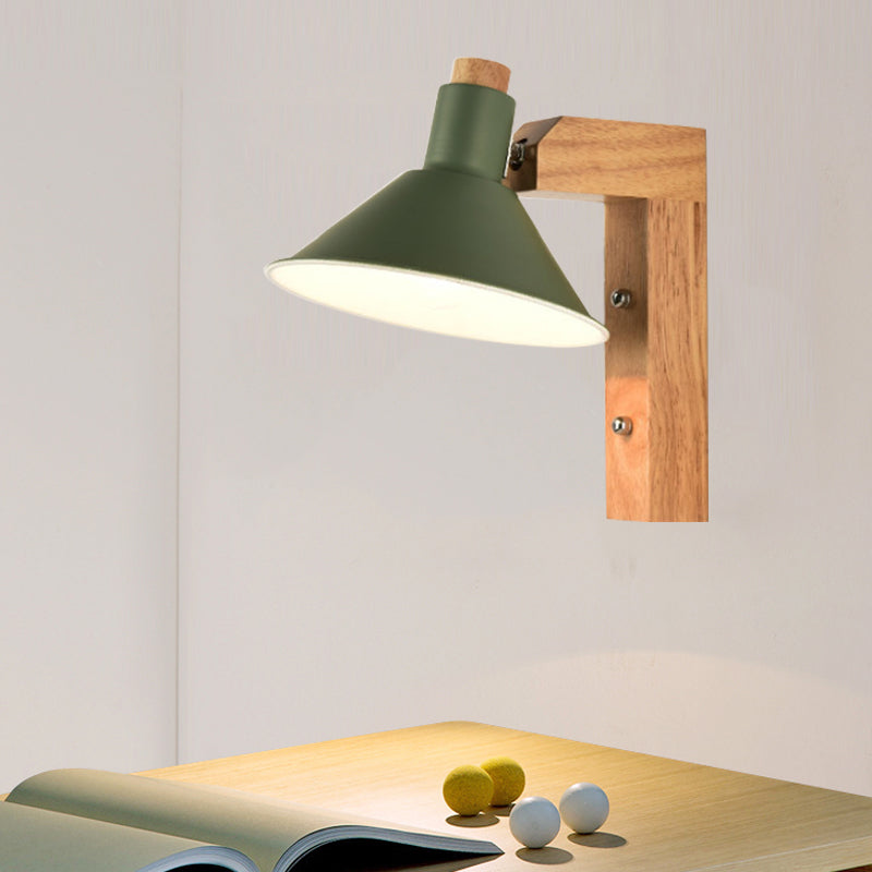 Funnel Study Room Wall Sconce Wood Metal 1 Light Nordic Stylish Undertint Wall Light Green Clearhalo 'Wall Lamps & Sconces' 'Wall Lights' Lighting' 175917