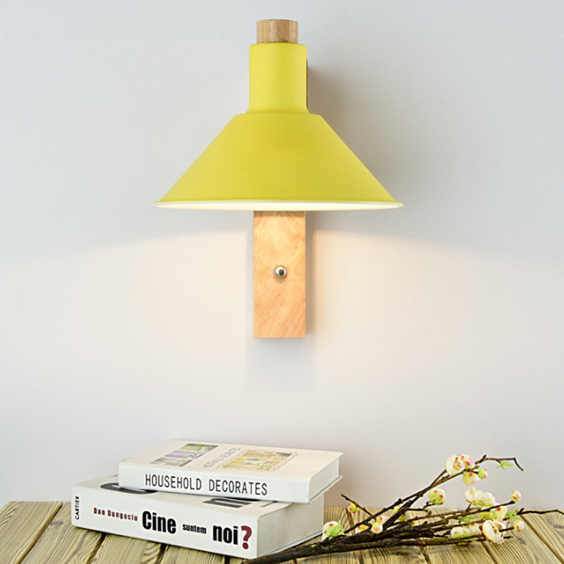 Funnel Study Room Wall Sconce Wood Metal 1 Light Nordic Stylish Undertint Wall Light Yellow Clearhalo 'Wall Lamps & Sconces' 'Wall Lights' Lighting' 175921