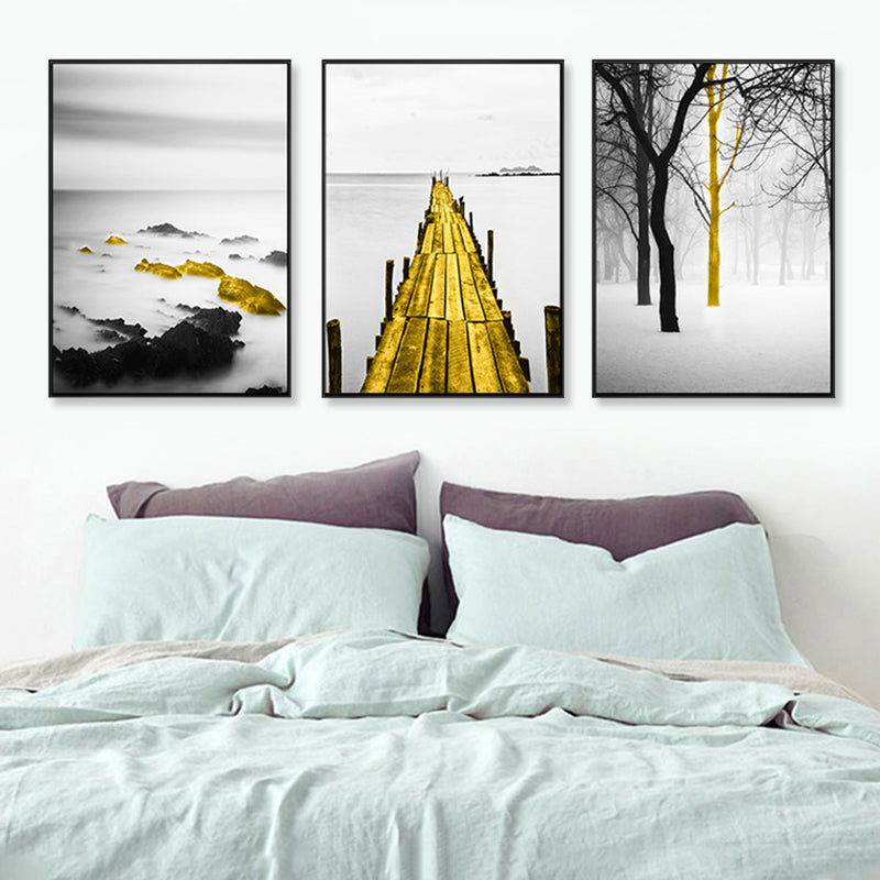 Soft Color Natural Landscape Painting Multi-Piece Art Print for Bedroom, Set of Three Gold Clearhalo 'Art Gallery' 'Canvas Art' 'Contemporary Art Gallery' 'Modern' Arts' 1759763