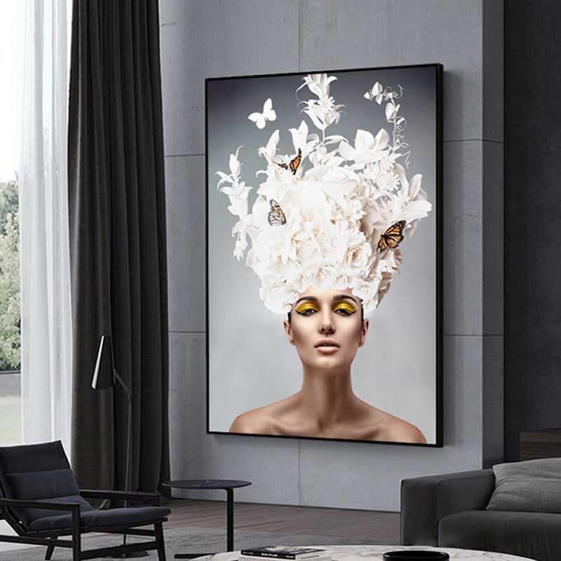 Glam Flower Hatted Maid Painting Canvas Beige Photography Wall Art Decor, Multiple Sizes Beige Clearhalo 'Arts' 'Canvas Art' 1760448