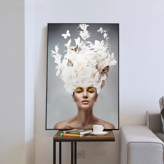 Glam Flower Hatted Maid Painting Canvas Beige Photography Wall Art Decor, Multiple Sizes Clearhalo 'Arts' 'Canvas Art' 1760449