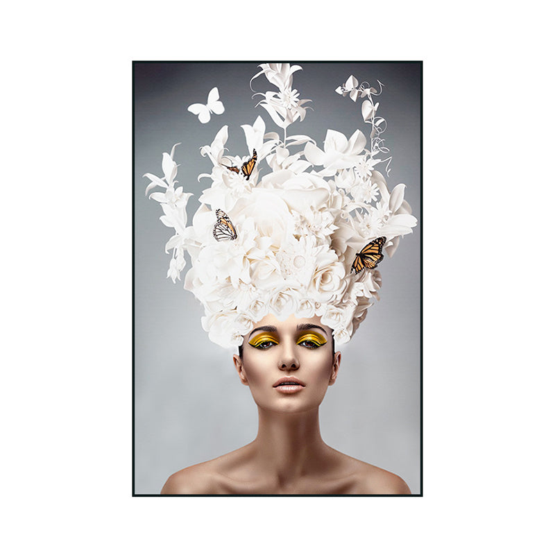 Glam Flower Hatted Maid Painting Canvas Beige Photography Wall Art Decor, Multiple Sizes Clearhalo 'Arts' 'Canvas Art' 1760451