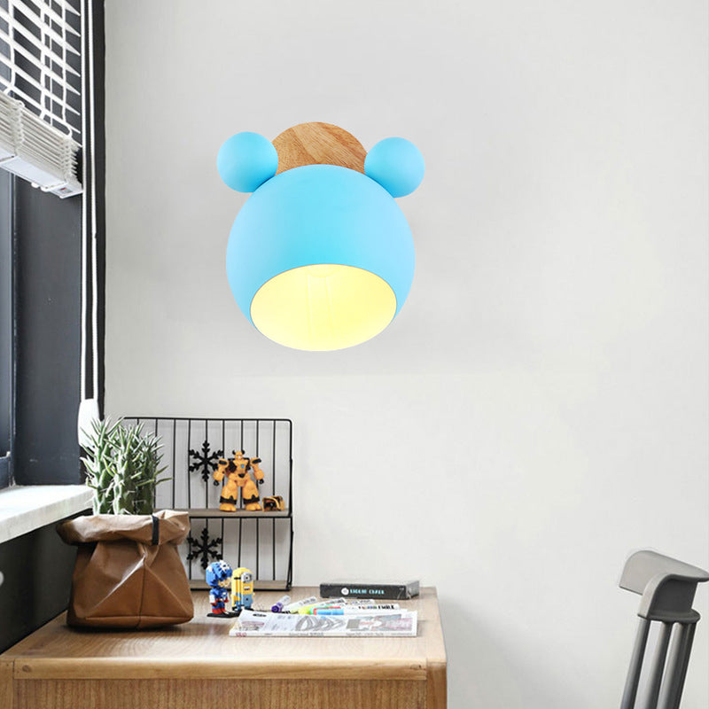 Nordic Style Globe Wall Light Wood & Metal 1 Bulb Wall Sconce for Restaurant Hallway Blue Clearhalo 'Wall Lamps & Sconces' 'Wall Lights' Lighting' 176052