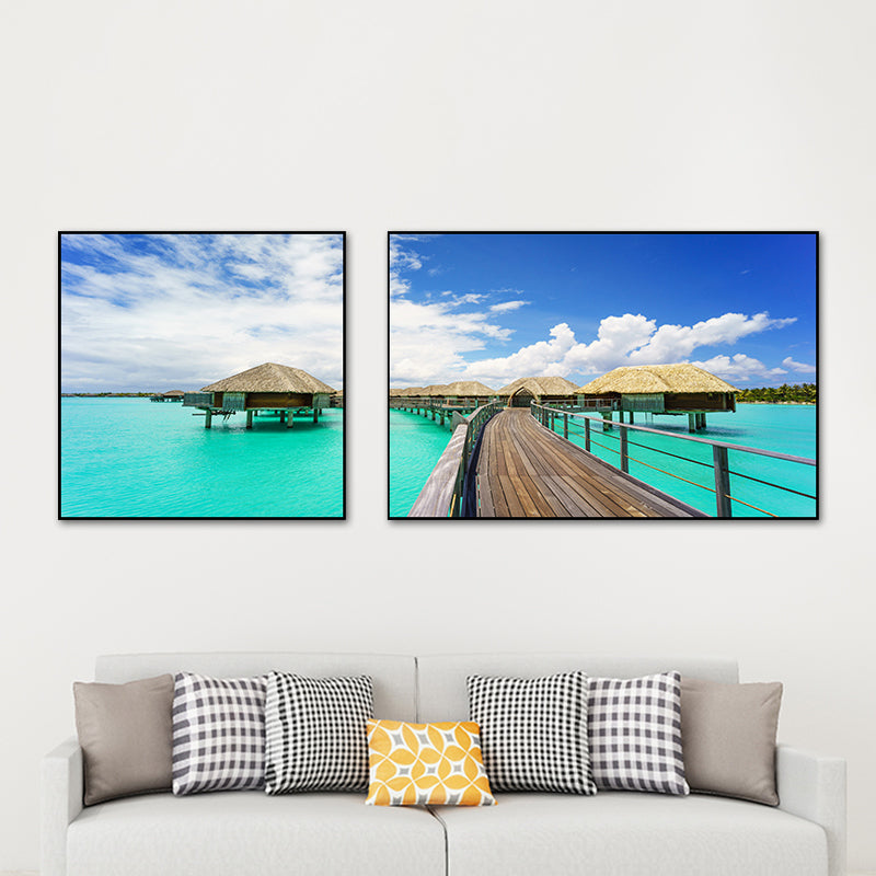 Tropics Sea Bridge Scenery Canvas Pastel Color Multi-Piece Wall Art Print for Living Room Clearhalo 'Art Gallery' 'Canvas Art' 'Contemporary Art Gallery' 'Modern' Arts' 1760754