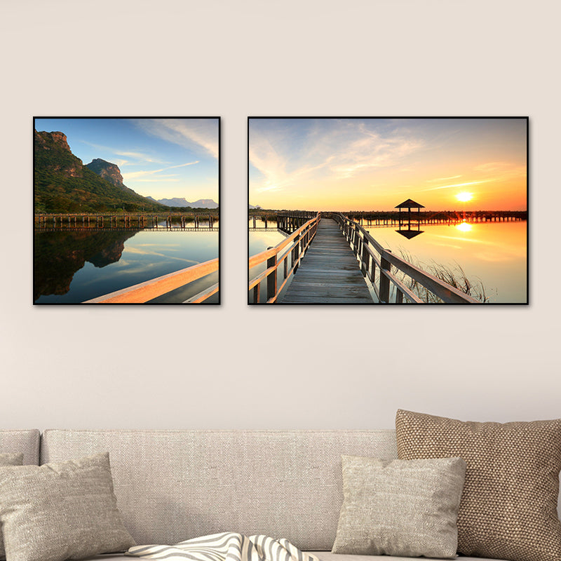 Tropics Sea Bridge Scenery Canvas Pastel Color Multi-Piece Wall Art Print for Living Room Clearhalo 'Art Gallery' 'Canvas Art' 'Contemporary Art Gallery' 'Modern' Arts' 1760761