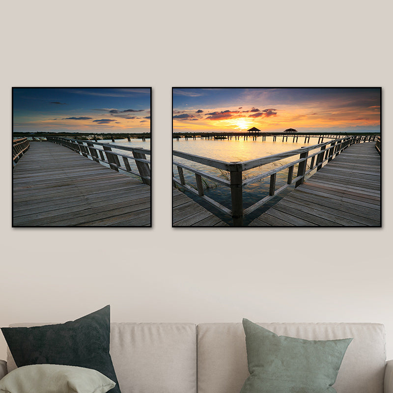 Tropics Sea Bridge Scenery Canvas Pastel Color Multi-Piece Wall Art Print for Living Room Clearhalo 'Art Gallery' 'Canvas Art' 'Contemporary Art Gallery' 'Modern' Arts' 1760765