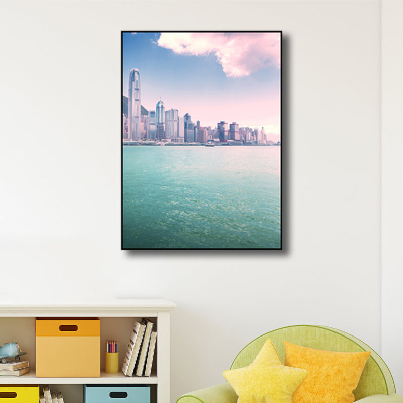 Seaside Skyscrapers Canvas Wall Art Textured Modern Style Bedroom Wall Decor in Blue Blue Clearhalo 'Art Gallery' 'Canvas Art' 'Contemporary Art Gallery' 'Modern' Arts' 1760832