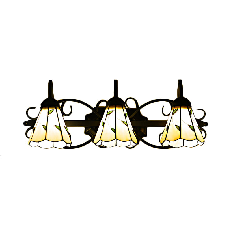 Lodge Leaf Vanity Light 3 Lights Stained Glass Wall Mount Lighting in Beige for Bedroom Lighting Clearhalo 'Industrial' 'Middle century wall lights' 'Tiffany wall lights' 'Tiffany' 'Wall Lamps & Sconces' 'Wall Lights' Lighting' 176087