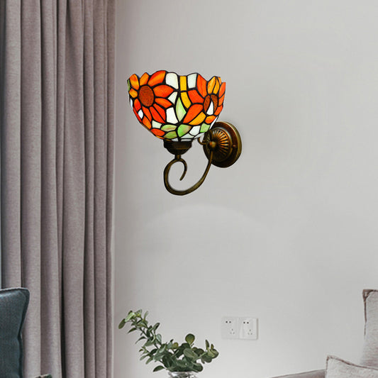 Victorian Sunflower Wall Mounted Light 1 Head Stained Glass Sconce Light in Orange Orange Clearhalo 'Industrial' 'Middle century wall lights' 'Tiffany wall lights' 'Tiffany' 'Wall Lamps & Sconces' 'Wall Lights' Lighting' 176140