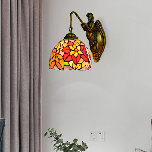 Orange Red Flower Wall Light Fixture Tiffany 1 Head Multicolor Stained Glass Sconce Light Orange Red Clearhalo 'Industrial' 'Middle century wall lights' 'Tiffany wall lights' 'Tiffany' 'Wall Lamps & Sconces' 'Wall Lights' Lighting' 176155
